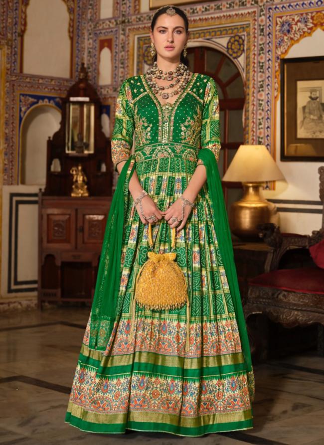 Silk Green Bridal Wear Printed Readymade Gown With Dupatta